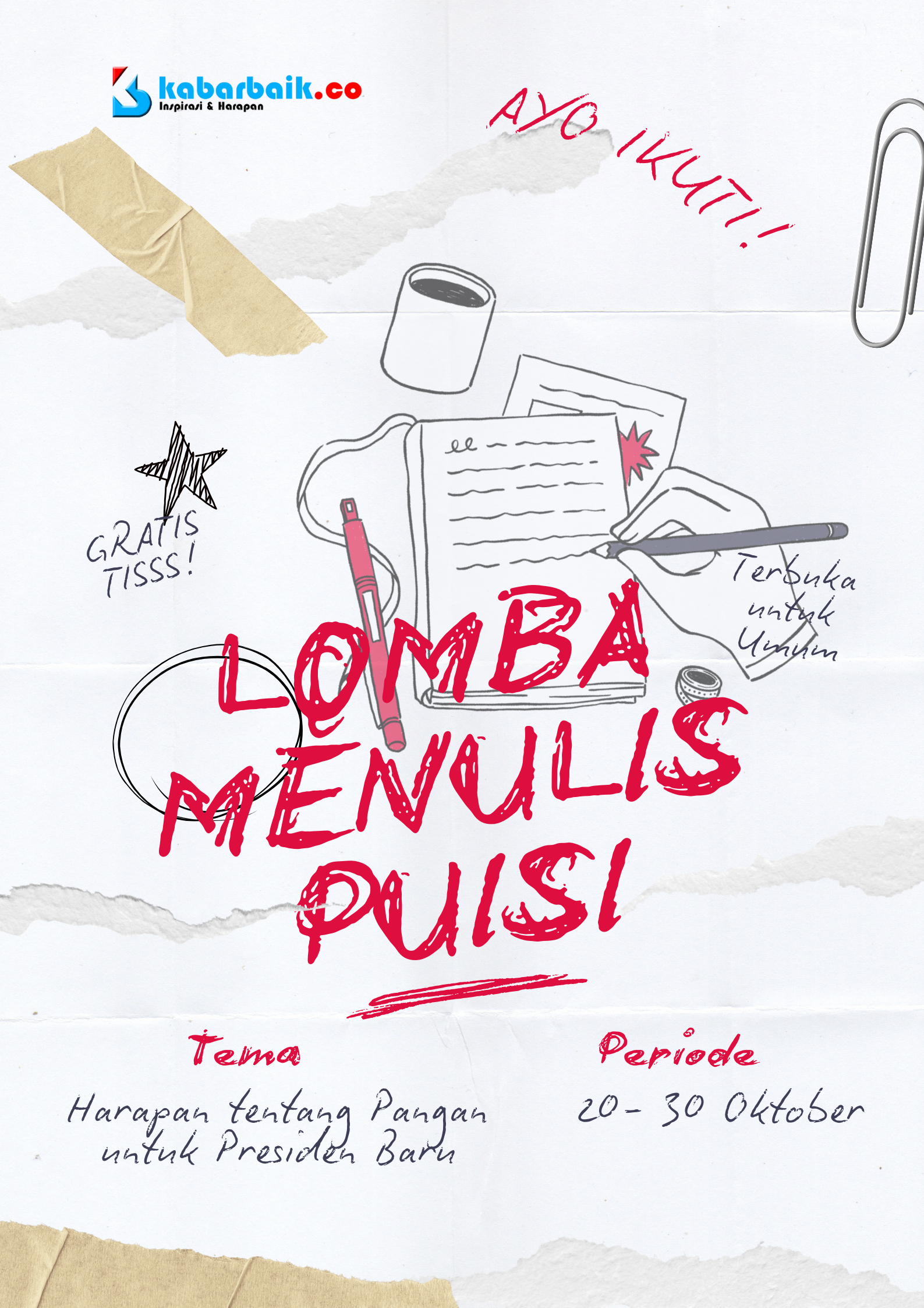 Poster Lomba Menulis Puisi Kolase Kertas Organik Kreatif Putih Merah 20241017 191845 0000
