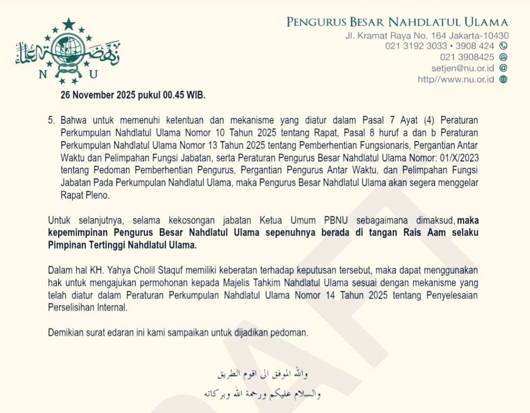 Breaking News! Beredar Surat Syuriah, Gus Yahya Bukan Lagi Ketua Umum PBNU 1 DRAF YAHYA e1764144241125