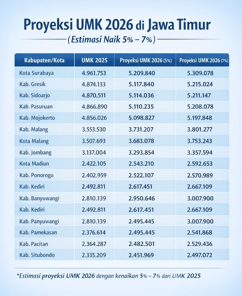 Hari Ini Ditetapkan Gubernur. Kenaikan UMK 2026 di Jatim Diprediksi 5-7 Persen 1 ESTIMASI UMK