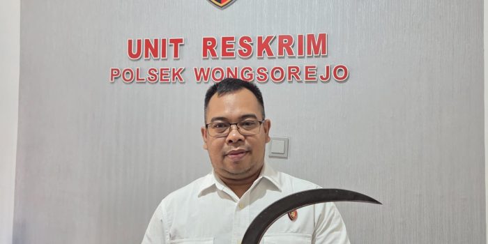 Kanit Reskrim Polsek Wongsorejo, Aipda Oktorio Wisnu Pradana menunjukkan celurit milik pelaku.