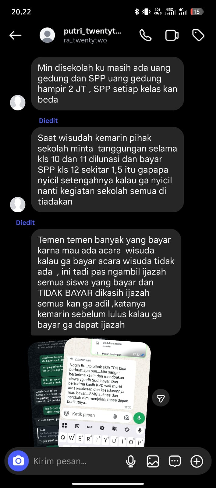 Tangkapan layar percakapan siswa SMKN 1 Baureno, Bojonegoro yang viral.