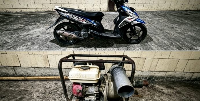 Barang bukti satu unit mesin diesel dan sepeda motor matic yang digunakan saat beraksi saat berhasil diamankan di Polsek Bagor, Nganjuk