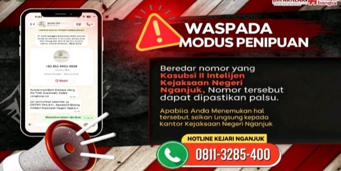 Tangkapan layar nomor telepon palsu yang mencatut dan mengatasnamakan pejabat Kejari Nganjuk guna mengelabui masyarakat.